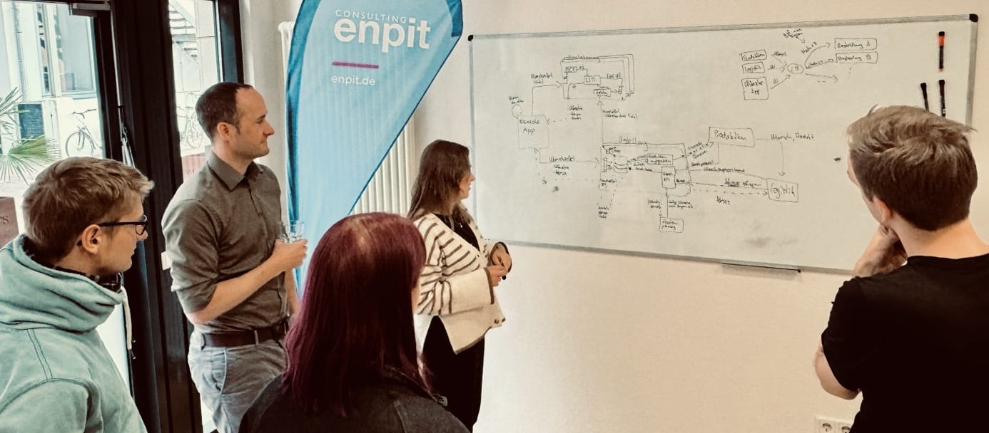 Softwarearchitekt:innen und Softwareentwickler:innen von enpit arbeiten während einer Architektur-Kata an einem Whiteboard